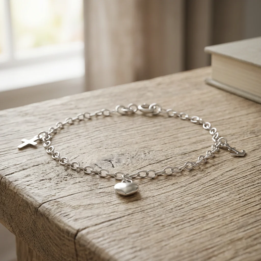Armbånd med tro håb og kærlighed - Skandinavisk design Sølvarmbånd med tro håb og kærlighed symboler båret på et håndled i et lyst skandinavisk hjem