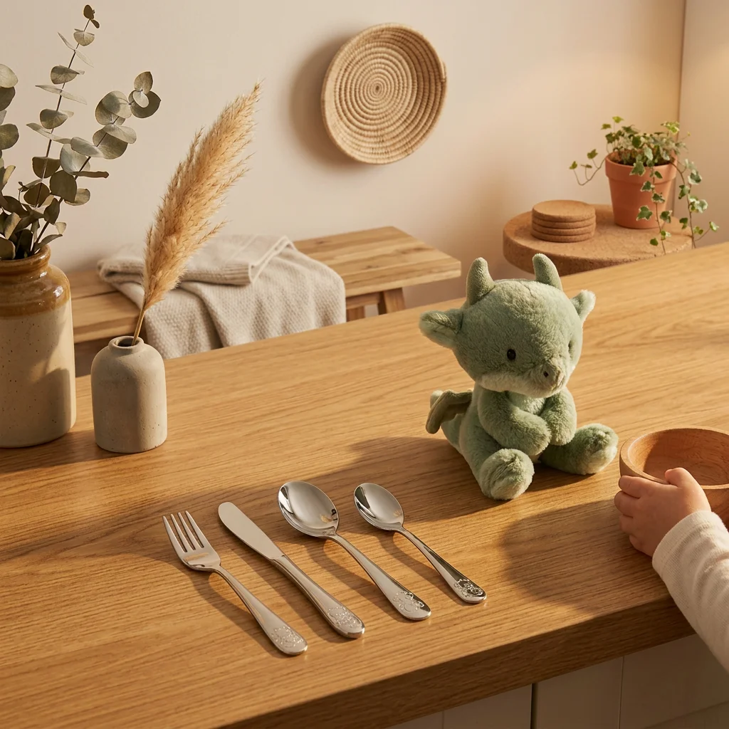 Børnebestik m. drage inkl. bamse miljøbillede Barn i højstol med lille dragebamse og børnebestik med dragemotiv på køkkenbordet