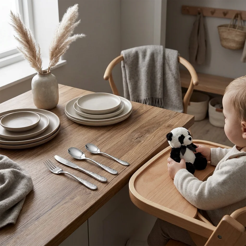 Børnebestik med panda og bamse Barn i højstol med lille panda bamse og børnebestik på bordet