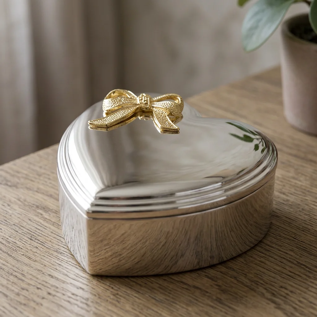 Forkromet smykkeskrin 12x12 cm - Skandinavisk stil Forkromet smykkeskrin med forgyldt sløjfe i lyst skandinavisk interiør