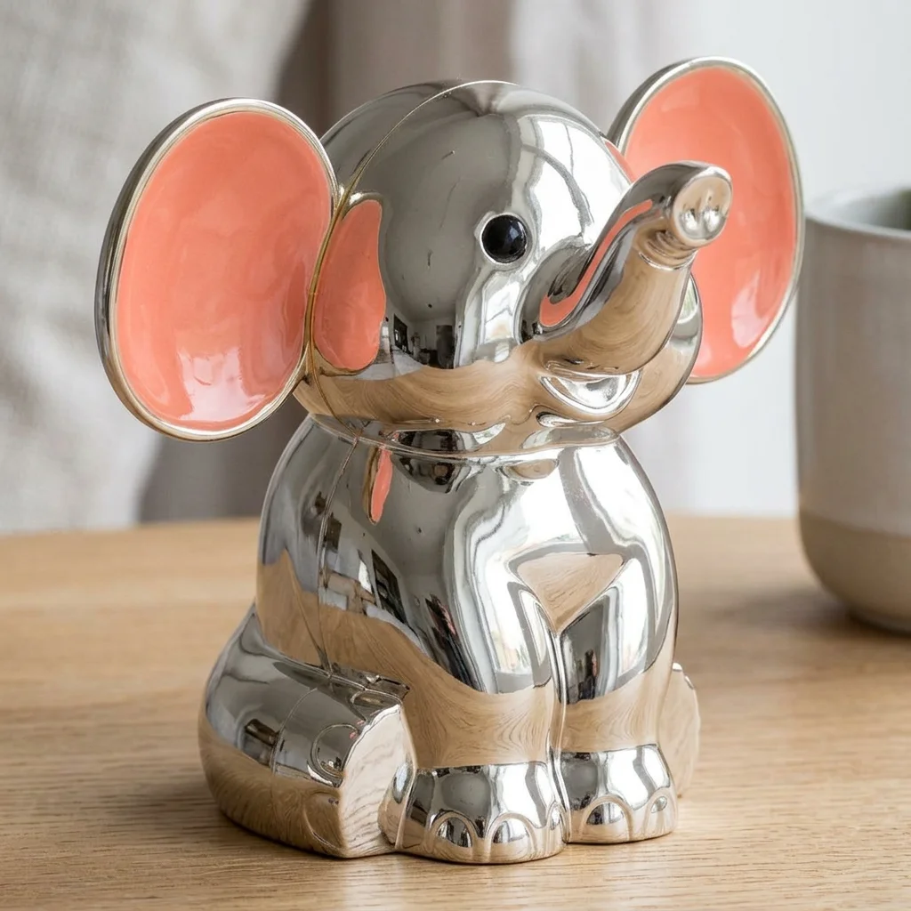Elefant-figur-forkrommet-pink-ører Elefant i krom med pink ører i et lyst skandinavisk hjem