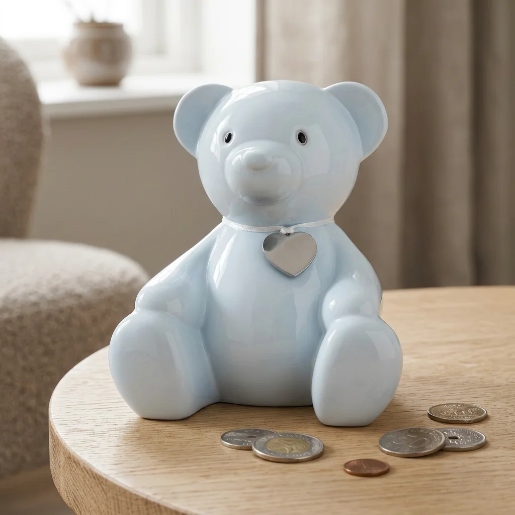 lyseblaa-spareboesse-bamse-med-moenter Lyseblå sparebøsse bamse med graveringsplade og danske mønter