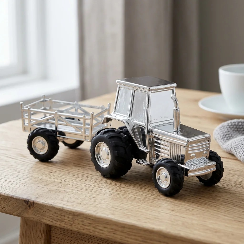Traktor sparebøsse med vogn - sølvlook Traktor med vogn sparebøsse i forkromet finish i skandinavisk stue